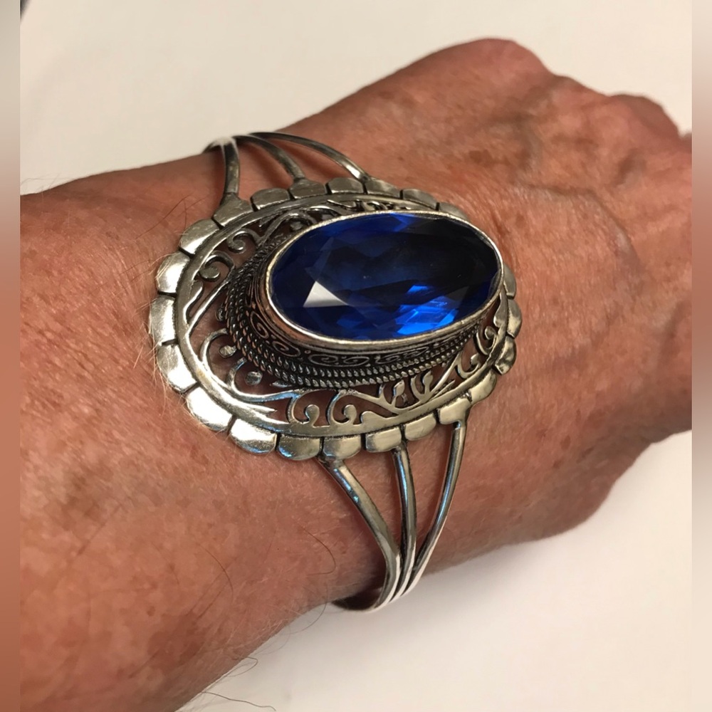 Blue Topaz Stampd 925 Sterling Silver Cuff Bracelet